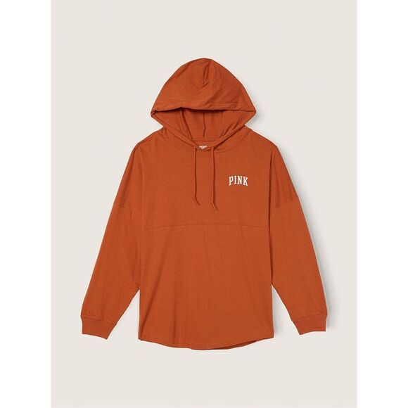 PINK Victorias Secret Orange Silver Glitter Varsity Long Sleeve Hoodie Shirt L N - Picture 10 of 10